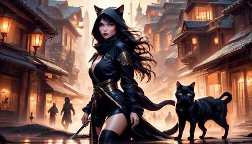 The image depicts a woman dressed as a cat and holding a sword, standing on the street with her black cat by her side. The background shows buildings and lanterns, suggesting an urban setting.
