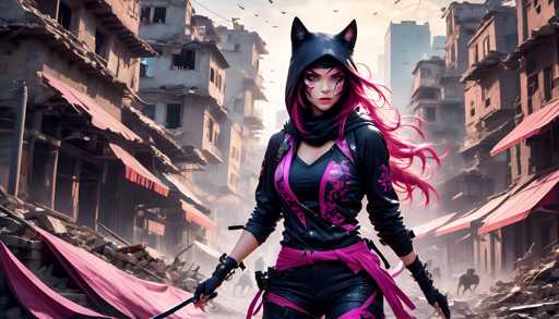 The image depicts a female character with pink hair and a black hoodie standing in front of a dilapidated cityscape filled with rubble and debris. The character is holding a sword and wearing a purple outfit that includes a pink scarf around her neck.