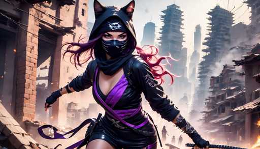 The image depicts a female character dressed in a purple and black outfit with a mask on her face, holding a sword and walking through a cityscape filled with buildings and smoke.