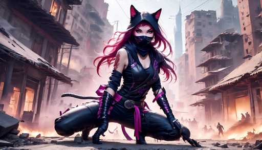 A cyberpunk-style image of a female ninja character in a ruined city, kneeling on the ground with a futuristic weapon. The character is wearing a black and purple outfit with cat-like ears, a mask, and glowing eyes. The background is filled with smoke and debris, suggesting a post-apocalyptic setting.