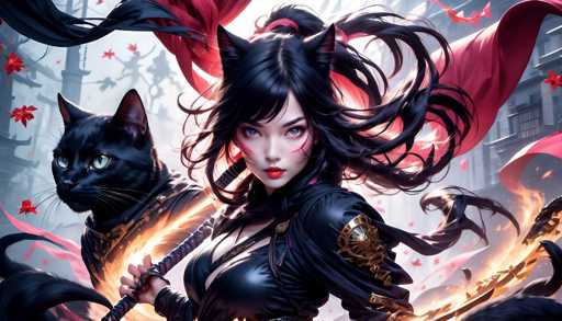The image depicts a woman with long black hair and dark makeup, dressed in a black outfit that includes a headdress adorned with red feathers. She is holding a sword in her right hand and has a cat on her left side. The background features a blurred cityscape with buildings of varying heights and designs, suggesting an urban setting.