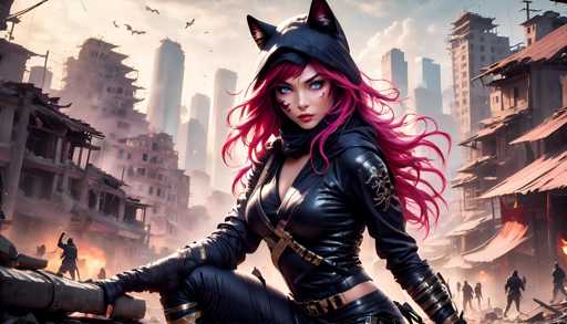 The image depicts a woman with pink hair and black clothing, possibly a cat girl or a werewolf, standing on the edge of a cliff overlooking a cityscape filled with buildings and rubble. The sky above is a mix of gray and blue hues, suggesting an overcast day.