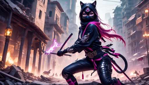The image depicts a female character dressed in black and pink attire with a cat mask on her face, holding a sword and shield in one hand while the other is raised in the air. The background shows an urban setting with buildings and streetlights, suggesting a cityscape or a post-apocalyptic environment.
