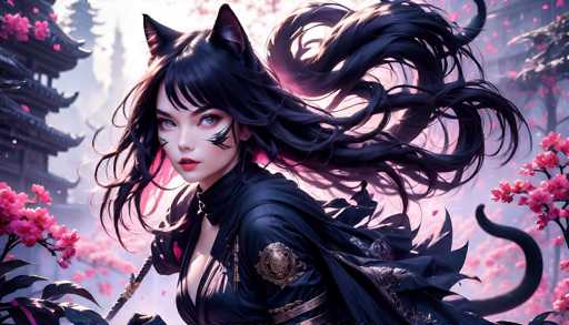 A captivating digital painting of a beautiful anime-style woman with long, flowing black hair adorned with cat ears. She has striking blue eyes and a delicate, ethereal expression. Dressed in a dark, ornate robe with intricate gold detailing, she holds a glowing sword. The background is a soft, dreamy landscape of cherry blossoms in shades of pink and purple, with a hazy, ethereal light. The overall style is highly detailed and fantastical, evoking a sense of mystery and magic.