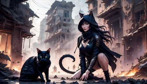 The image depicts a woman dressed in black attire with a hooded cape and cat ears, crouched down on the ground surrounded by rubble and debris from an urban setting.