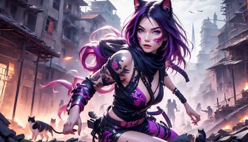 A digital painting in a vibrant, anime-inspired style depicts a fierce female cyberpunk warrior amidst the ruins of a futuristic city. The central figure is a young woman with striking purple hair, adorned with cat-like ears and sharp makeup. She wears a dark, form-fitting outfit with glowing purple accents, intricate tribal patterns, and cybernetic enhancements on her arms. Her expression is intense, with piercing purple eyes focused forward. 

She's crouched in a dynamic pose, ready for action, with her hands outstretched as if preparing to use some kind of weapon. Several black cats are scattered around her, some perched on rubble, others seemingly following her. The background is a chaotic cityscape in ruins, with crumbling buildings engulfed in fiery explosions and smoke. 

The overall color palette is dominated by deep purples, blacks, and fiery reds, with splashes of neon purple highlighting the cybernetic details. The lighting is dramatic, casting strong shadows and emphasizing the dynamic action of the scene. The style is highly detailed, with intricate textures on the clothing and a sense of depth in the ruined environment. The image exudes a powerful, cyberpunk aesthetic with a touch of fantasy and action.