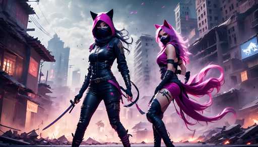 The image depicts two women dressed in black and pink outfits with cat ears, standing on a rooftop amidst a cityscape of buildings and rubble. The woman on the left is holding a sword, while her companion on the right has a shield at her side.