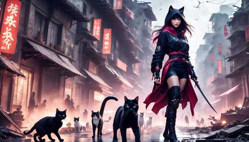 The image depicts a woman dressed in a black outfit with red accents and holding a sword, standing on the street surrounded by several cats of various colors including black, white, and gray. The background features buildings with red and yellow signs, creating an urban setting for the scene.