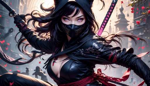 The image depicts a female character dressed in black attire with a mask and holding a sword. The background features a cityscape with buildings and trees, suggesting an urban setting.
