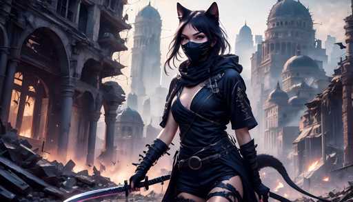 The image depicts a woman dressed in black attire with a mask and holding a sword, standing in front of a cityscape filled with rubble and debris. The background features buildings that appear to be in ruins or under attack by an unseen force.