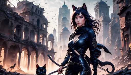 A detailed, highly stylized digital painting in a dark fantasy aesthetic. The central figure is a woman with long, flowing black hair adorned with cat ears, wearing a sleek, dark leather outfit. She holds two katana-style swords, one in each hand, with a confident and slightly enigmatic expression. A small black cat is perched on her left shoulder, looking directly at the viewer with piercing eyes. 

The background depicts a ruined, futuristic cityscape in shades of grey and brown, with crumbling architecture and a hazy atmosphere. The overall lighting is dramatic, with a warm glow emanating from the background, highlighting the woman and her feline companion. The style is reminiscent of a digital painting with a focus on texture, detail, and atmospheric perspective.