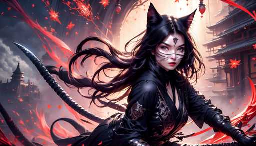 The image depicts a woman with long black hair and dark makeup, dressed in a black outfit that includes a mask covering her face. She is holding a sword in one hand and a shield in the other, suggesting she may be a warrior or a fighter. The background features a red and white patterned wall adorned with cat ears and tails, which adds to the fantastical nature of the scene.