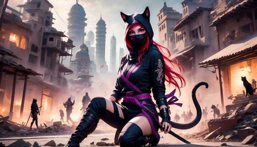 The image depicts a woman dressed as a cat warrior with a purple sash and mask, holding a sword and surrounded by rubble and debris from an urban setting.
