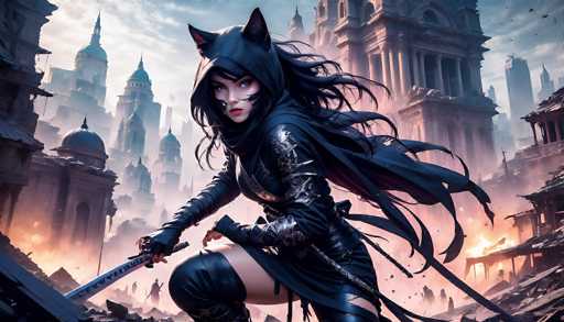 A digital painting in a highly detailed, futuristic fantasy style depicts a powerful female warrior in a dark, cyberpunk-inspired outfit. She is kneeling on a ruined, rubble-strewn ground amidst the remnants of a colossal, crumbling city. The warrior is clad in a sleek, black leather suit with intricate silver and glowing blue accents, including detailed armor plating on her shoulders and forearms. A deep black hood obscures the upper part of her face, revealing only piercing purple eyes and a subtle smirk. Her long, flowing black hair is partially obscured by the hood and cascades down her shoulders, with a few strands framing her face. 

She wields two long, glowing blue swords, one held in each hand, positioned as if ready for combat. The background is a chaotic blend of shattered buildings and towering structures, bathed in a hazy, orange-tinged light that suggests a post-apocalyptic or heavily damaged urban environment. The overall atmosphere is one of intense action and power, with a sense of dramatic scale and futuristic grit. The lighting is dynamic, highlighting the warrior's form and the glowing elements of her weapons and attire. The image is rendered with a painterly quality, emphasizing depth and texture in the ruined cityscape.