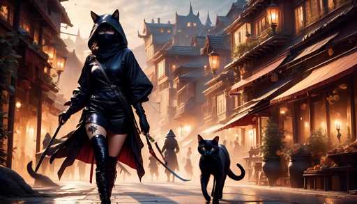 The image depicts two characters on a city street at sunset. The character on the left is wearing a black outfit and carrying a sword, while the character on the right has a cat on its back. In the background, there are buildings with lanterns hanging from their roofs, creating an atmospheric setting for the scene.