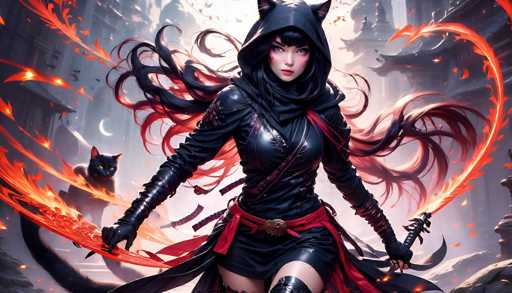 A digital painting in a vibrant, fantasy style depicts a powerful female warrior, likely a ninja or samurai-inspired character. She is clad in a dark, form-fitting outfit with glowing red accents and intricate details, including what appears to be a stylized hood or cowl. Her long, flowing black hair is interwoven with fiery red energy, and she wields a glowing red katana-like weapon. 

The background is equally fantastical, featuring a blurred cityscape with hints of traditional Japanese architecture and a dramatic, slightly chaotic atmosphere. The overall color palette is dominated by deep blacks and fiery reds, with splashes of white and purple adding depth. The lighting is dynamic, highlighting the warrior's form and weapon with glowing energy effects. 

The style of the artwork is highly detailed, showcasing a blend of anime and digital painting techniques. The composition is dynamic, with the warrior positioned in a powerful stance, ready for action. The overall impression is one of strength, skill, and otherworldly power.