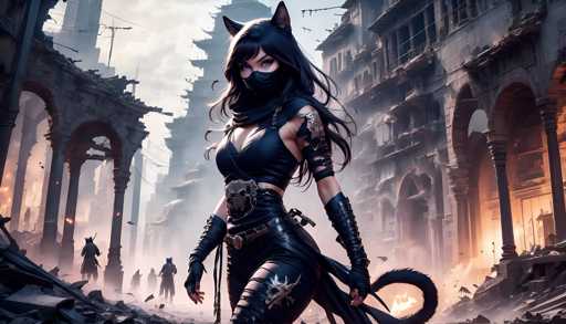 The image depicts a woman dressed in black attire with a mask on her face and holding a staff or cane. She is standing in the center of an urban setting, possibly a war-torn city, surrounded by rubble and debris. The background features buildings that appear to be in ruins, suggesting a period of conflict or destruction.