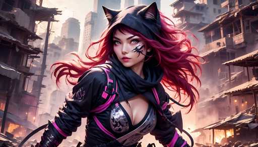 The image depicts a woman with vibrant red hair and tattoos on her face, dressed in a black hoodie and pants adorned with pink accents. She is standing against the backdrop of an urban cityscape, which includes buildings and other structures that suggest a bustling metropolis. The colors used in the image are predominantly red, black, and gray, creating a striking contrast between the woman's fiery hair and the cool tones of her surroundings.