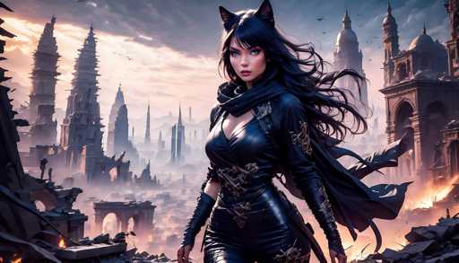The image depicts a woman with long dark hair and a black outfit adorned with gold accents standing in front of a cityscape filled with tall buildings under a cloudy sky. The woman is holding a sword in her right hand.