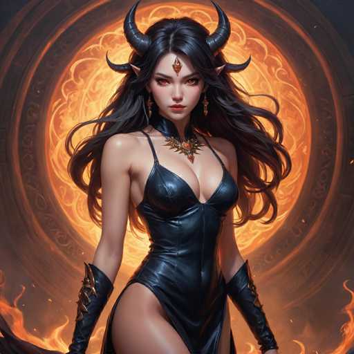 The image depicts a striking, computer-generated female character with a distinctly anime-inspired style. She has long, flowing black hair and intense red eyes that captivate the viewer. Adorning her head are two prominent black horns, adding a touch of mystique and power to her appearance. A golden ornament is delicately placed on her forehead, complementing her elegant look.

Her attire is equally captivating, featuring a sleek black leather dress that accentuates her figure. The dress is designed with thin straps over her shoulders and a high collar that extends up to her neck, exuding an air of sophistication. The dress is form-fitting, hugging her chest and hips, and includes a daring slit that reveals her leg, adding an element of allure.

Her arms are adorned with black leather gloves that extend up to her elbows, embellished with intricate gold designs that catch the light. Around her neck, she wears a striking gold necklace with a prominent red jewel at its center, drawing attention to her neckline.

The background of the image is a mesmerizing blend of fiery hues, with swirling oranges and reds that evoke the image of flames. This fiery backdrop contrasts beautifully with her dark attire and fair skin, creating a visually stunning and dynamic scene.