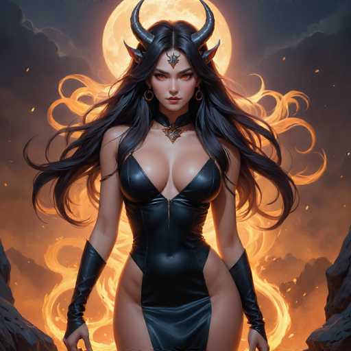 This image depicts a striking, computer-generated female character with long, flowing black hair and intense red eyes. She is adorned with devil-like horns protruding from her head and a gold medallion on her forehead. Her attire is a form-fitting, black leather dress that accentuates her large breasts and long legs, leaving her arms exposed. She also wears black leather gloves that extend up to her elbows. The background features a dramatic scene with a large, glowing moon partially obscured by clouds, and fiery flames swirling around her, adding to the mystical and intense atmosphere of the image.