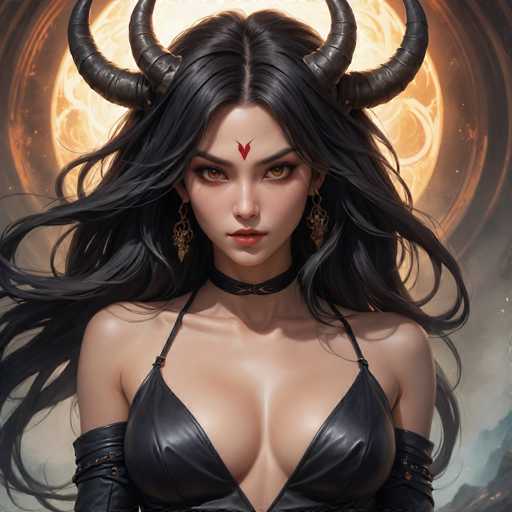 The image depicts a striking, computer-generated female character with long, flowing black hair and a serious expression. She has a distinctive red V-shaped mark on her forehead, reminiscent of a downward-pointing arrow, and wears gold earrings. Her attire includes a black leather halter top that reveals her cleavage, and she has black leather armbands on both arms. She also sports a black choker around her neck. The character's eyes are a captivating brownish-orange, and she has a small nose. Behind her, a large, glowing yellow sun with intricate patterns serves as the backdrop, surrounded by a dark, smoky sky. The overall scene is highly detailed and realistic, showcasing the character's beauty and the dramatic setting.