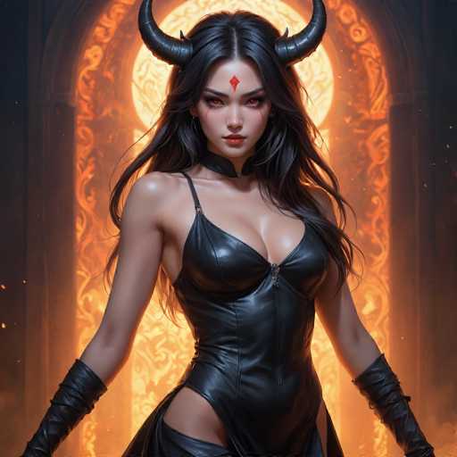 This image features a striking, AI-generated female character with a distinct and captivating appearance. She has long, flowing black hair and mesmerizing red eyes that seem to glow with an inner fire. A prominent red diamond adorns her forehead, adding to her mystical aura. Her lips are painted a vivid red, complementing her overall intense look.

Her attire is equally dramatic, consisting of a form-fitting black leather dress that accentuates her curves. The dress is designed with a daring slit on the side, revealing her leg, and features a zipper that runs up to her chest. She also wears long black leather gloves that extend past her elbows, adding to her enigmatic and powerful presence.

The background is equally dramatic, with a large, fiery orange light that illuminates the scene, creating a sense of heat and energy. Behind her, there is a window with intricate, fiery designs that frame the light, enhancing the overall intensity of the image. The combination of her attire, the fiery backdrop, and her glowing features creates a visually stunning and otherworldly portrait.
