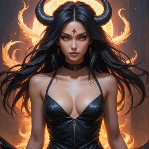 The image depicts a striking, computer-generated female character with long, flowing black hair and intense orange eyes. She has a diamond-shaped red marking on her forehead and two prominent black horns that curve upwards from the sides of her head. Her attire consists of a black leather corset with thin straps that go over her shoulders, complemented by a black choker adorned with a gold pendant. She also wears gold earrings. The background features a large, fiery sun with flames radiating outward, set against a dark gray sky. The character's expression is serious, and she gazes directly at the viewer, exuding a powerful and enigmatic presence.