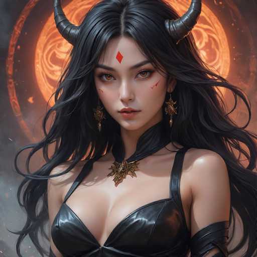 This image depicts a striking, computer-generated female character with long, flowing black hair and a pair of prominent horns protruding from the sides of her head. Her expressive brown eyes are accentuated by a red diamond shape on her forehead and additional red markings on her cheeks. She wears a black leather dress that reveals a significant amount of cleavage, complemented by a black collar and a gold pendant. Her ensemble is completed with gold earrings and a leather strap wrapped around her upper arm. The background features a glowing, fiery orange circle, adding to the dramatic and intense atmosphere of the scene.