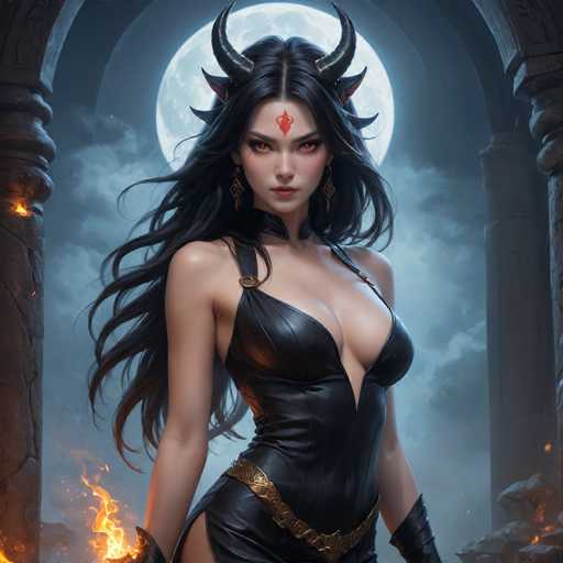 A captivating digital painting of a dark, alluring woman with long, flowing black hair and striking red eyes. She is adorned with large, curved horns that frame her face, giving her a powerful and mystical appearance. Her attire is a black leather dress with a deep V-neck, accented by golden details and a matching belt. The woman's expression is intense and captivating, with her gaze directed towards the viewer. She stands in a dramatic setting, possibly within an ancient temple or ruins, with a full moon casting a soft glow in the background. Flames dance around her hands and feet, adding to the mystical atmosphere of the artwork. The overall style is fantasy-inspired, with a focus on dramatic lighting and intricate details.