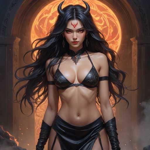 The image depicts a striking, AI-generated female character with long, flowing black hair and a devilish appearance. She has two prominent horns protruding from her head and a red, winged emblem on her forehead. Her eyes are a mesmerizing reddish hue, and she wears red lipstick that accentuates her fierce expression. Adorning her neck is a black choker with a central emblem, complementing her black leather bikini top. Her arms are adorned with black armbands, and she wears matching black leather gloves that extend up to her forearms. A black leather skirt completes her ensemble. The background features a large, ornate archway with intricate designs, through which a fiery light emanates, casting an orange glow. The scene is further enhanced by the presence of smoke and scattered embers, adding to the dramatic and intense atmosphere.