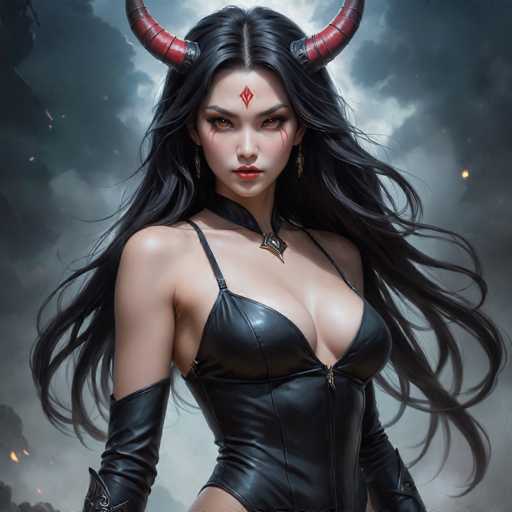 The image depicts a striking, computer-generated female character with long, flowing black hair and intense orange eyes. She has a diamond-shaped red symbol on her forehead and red lines beneath her eyes, adding to her fierce appearance. Two red and black horns protrude from the sides of her head, enhancing her devilish look. She is dressed in a tight, black leather corset that reveals her cleavage and extends up to her neck, where it is adorned with a gold pendant. Complementing her outfit are long black leather gloves that reach up to her biceps. The background features a dramatic, cloudy sky with dark gray clouds and hints of orange light, creating a moody and intense atmosphere. The overall style of the image is reminiscent of a comic book or video game character, emphasizing her powerful and menacing presence.