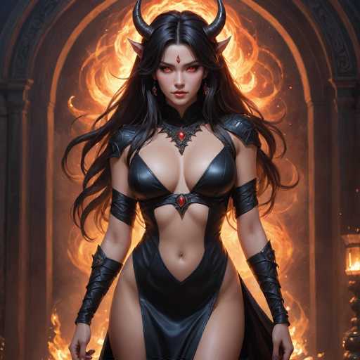 The image depicts a striking, computer-generated female character with long, flowing black hair and intense red eyes. She has a distinctive red jewel adorning her forehead and another on her chest, complemented by a third red jewel on her collar. Her attire is a revealing black leather outfit that accentuates her large breasts and toned midriff, with a skirt that extends to her upper thighs. She also wears black leather arm guards and shoulder pads, adding to her fierce appearance. Her pointed ears and horns suggest a demonic or mythical nature. The background features a dramatic scene of flames engulfing a stone archway, with a lit torch visible on the right side, enhancing the fiery and intense atmosphere.