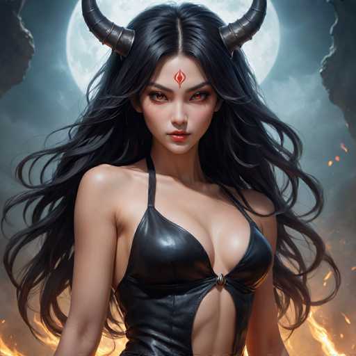 The image depicts a striking, computer-generated female character with long, flowing black hair and intense red eyes. She has two prominent, curved horns protruding from the sides of her head, adding to her fierce appearance. A distinct red diamond shape adorns her forehead, enhancing her mystical aura. Her attire is a black leather bikini top that reveals her midriff, and her skin is a light tan. The background features a large, luminous full moon partially obscured by clouds, with fiery flames and embers rising from the bottom, creating a dramatic and enchanting atmosphere. The character's expression is serious, and she gazes directly at the viewer, exuding power and allure.