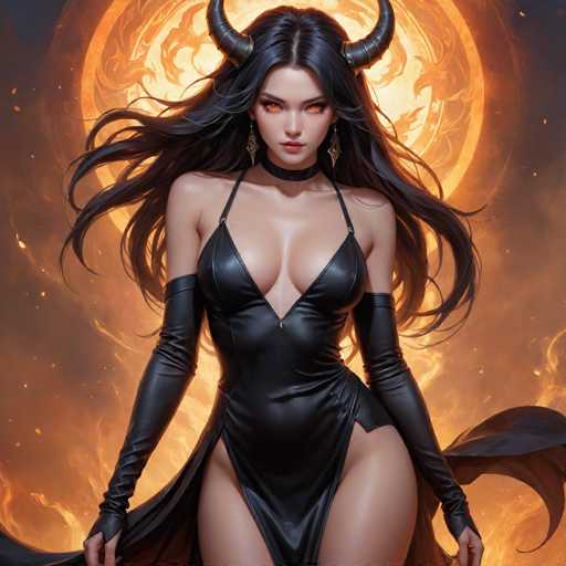 The image depicts a striking, computer-generated female devil character with long, flowing black hair and piercing orange eyes. She has two prominent black horns protruding from the sides of her head. Her attire consists of a tight, black leather dress that accentuates her large breasts and reveals her thighs. The dress features a deep V-neckline and is complemented by long black gloves that extend up to her biceps. She also wears a black choker around her neck and dangling earrings. The background is a dramatic blend of fiery orange and yellow hues, with swirling flames and embers, creating an intense and otherworldly atmosphere. The character's expression is serious, and she gazes directly at the viewer, adding to the overall intensity of the image.