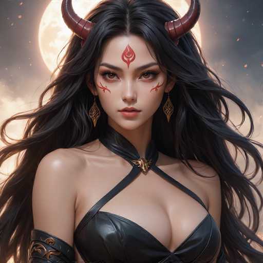 The image depicts a highly detailed, computer-generated or AI-generated illustration of a young woman with long, flowing black hair. She has striking brown eyes and a light complexion. Adorning her forehead is a red, flame-like symbol, while matching red markings are present on her cheeks. Her ears are adorned with gold earrings, and two prominent red horns protrude from the sides of her head. She is dressed in a black leather top that reveals her shoulders and chest, and she wears a black leather choker with a gold clasp. A black leather strap is wrapped around her upper arm. The background features a large, glowing full moon set against a dark, cloudy sky, adding to the mystical and enchanting atmosphere of the scene.