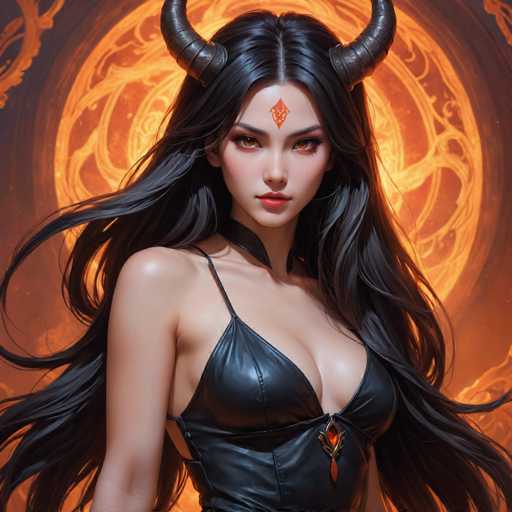 This image features a striking, computer-generated female character with long, flowing black hair that cascades down to her waist. She has a fair complexion and captivating brown eyes. Adorning her head are two prominent black horns, one on each side, adding a mythical element to her appearance. A distinct red diamond shape is centered on her forehead, enhancing her mystical aura.

Her attire consists of a sleek black leather dress with thin straps, which accentuates her figure. The dress is fastened at the front with a prominent red gem, adding a touch of elegance and contrast to her ensemble. The background is a mesmerizing blend of orange and yellow hues, resembling swirling flames, which further amplifies the dramatic and intense atmosphere of the image.