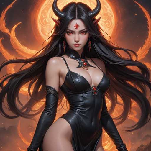 The image depicts a striking, AI-generated female character with devilish features. She has long, flowing black hair and piercing red eyes, complemented by a red diamond-shaped marking on her forehead. Her devil horns are black, and she has pointed ears, adding to her demonic appearance. She is adorned with red earrings and a black leather dress that accentuates her large breasts and long, slender legs. The dress features a red gem at the center of her chest and a black choker with a red gem. She also wears black leather gloves that extend up to her biceps. The background is a dramatic blend of fiery orange and black, with a large, glowing sun-like orb surrounded by swirling flames, enhancing the otherworldly atmosphere of the scene.