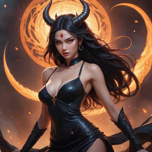 The image depicts a striking, computer-generated female character with long, flowing black hair and intense red eyes. She has two prominent black horns protruding from the sides of her head, adding to her devilish appearance. Adorning her forehead is a red diamond-shaped gem, and she wears gold hoop earrings. Her attire consists of a black leather dress with thin straps, complemented by black leather gloves that extend up to her elbows. The background features a dramatic celestial scene with a large, glowing yellow sun at the center, encircled by intricate orange and yellow patterns. Flanking the sun are two crescent moons, one on each side, enhancing the mystical and otherworldly atmosphere of the image.