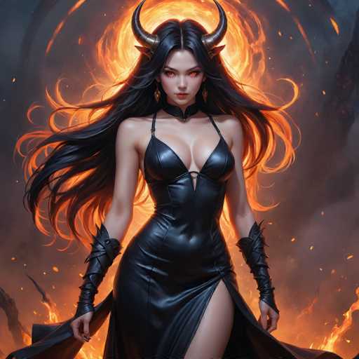 This image depicts a striking, computer-generated female character with long, flowing black hair that appears to be caught in a gentle breeze. She has mesmerizing red eyes and is adorned with gold earrings and a choker necklace. Her attire is a sleek, black leather dress that accentuates her figure, featuring thin straps over her shoulders and a daring slit that reveals her leg. The dress is complemented by black leather arm guards that extend from her elbows to her wrists. Her expression is serious, and she gazes directly at the viewer. The background is a dramatic swirl of orange and yellow flames, with embers floating around her, creating an intense and fiery atmosphere.