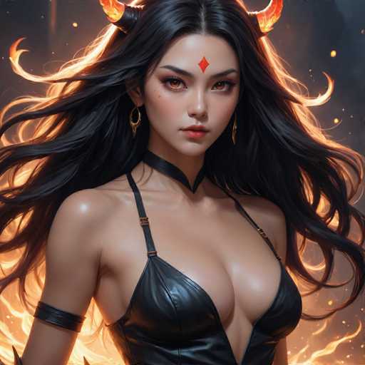 The image depicts a highly detailed, computer-generated illustration of a young woman with long, flowing black hair. She is adorned with striking, fiery horns that emanate from her head, adding a fantastical element to her appearance. Her eyes are a captivating shade of orange, and she wears a small, red diamond-shaped gem on her forehead, which glows with an inner fire. Her lips are painted a vivid red, and she sports elegant gold earrings. Around her neck, she wears a black leather choker that complements her attire. Her outfit consists of a revealing black leather top that accentuates her cleavage, and she has a black leather strap wrapped around her upper arm. The background is filled with swirling flames, enhancing the dramatic and intense atmosphere of the scene.