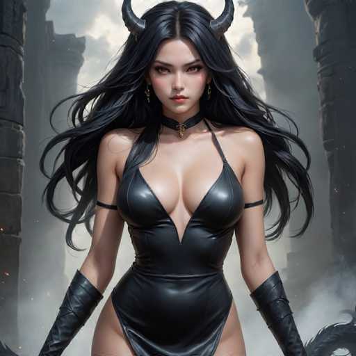 The image depicts a striking, AI-generated female character with long, flowing black hair and intense red eyes. She has small, curved horns protruding from her forehead, adding to her devilish appearance. Her attire is a form-fitting, black leather dress that accentuates her large breasts and long, slender legs. The dress features a deep V-neckline that extends down to her belly button, and it is held up by thin straps over her shoulders. She also wears black leather gloves that reach up to her elbows, and a choker around her neck. The background is a dark, smoky scene with hints of ancient stone columns and a dragon's tail visible in the bottom right corner, enhancing the overall mysterious and fantastical atmosphere of the image.