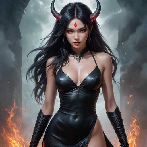 The image depicts a striking, computer-generated female character with long, flowing black hair and devilish red eyes. She has a red diamond shape on her forehead and two prominent red horns protruding from the sides of her head. Her attire consists of a tight black leather dress that accentuates her large breasts and long, slender arms, complemented by black leather gloves that extend up to her elbows. She also wears a black leather choker with a silver design. The background features a dramatic scene with dark, cloudy skies and large stone archways on either side, through which flames are rising from the bottom corners of the image. The character's intense gaze is directed straight at the viewer, adding to the overall menacing and powerful aura of the scene.