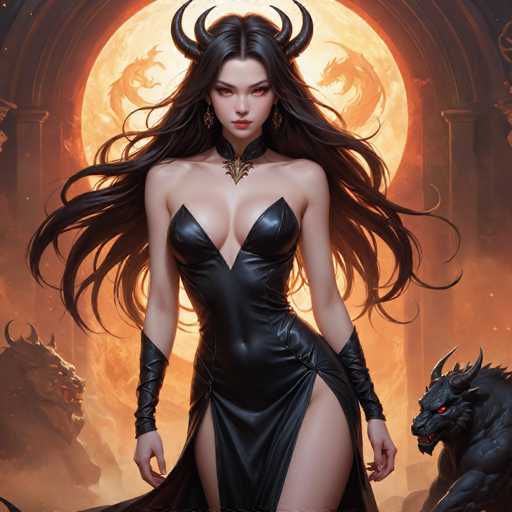 The image depicts a striking, computer-generated female character with long, flowing black hair and intense red eyes. She is adorned with black horns protruding from her head and wears a black leather dress that accentuates her large breasts and long, slender legs. The dress features a high slit on the right side, revealing her leg, and is complemented by black leather arm warmers. Around her neck, she wears a black collar with a gold emblem. Her expression is stern, with red lips and a gaze directed straight at the viewer. The background is a dramatic scene with a large, glowing orange moon partially obscured by two black dragons. Additional mythical creatures, including a black dog-like monster with horns, flank her on either side, enhancing the mystical and ominous atmosphere of the image.