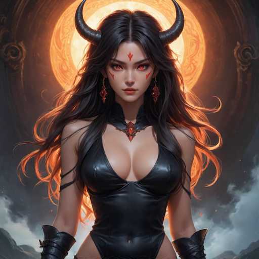 The image depicts a striking, computer-generated female character with long, flowing black hair that transitions to fiery orange at the ends. She has two prominent black horns protruding from the sides of her head and a red diamond-shaped marking on her forehead. Her eyes are a vivid red, and she wears long, dangling red earrings. Around her neck is a black leather choker adorned with a red gem. She is dressed in a tight, black leather bodysuit that accentuates her figure, with the suit extending to her hips and covering her arms up to her elbows. The background features a large, glowing orange sun encircled by a brown ring, with dark gray clouds and hints of mountains at the bottom. The overall scene is highly detailed and vibrant, emphasizing the character's dramatic and otherworldly appearance.