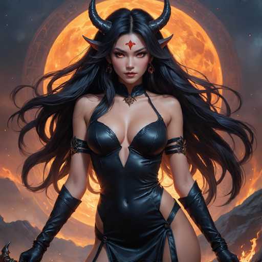 The image depicts a striking, computer-generated female character with long, flowing black hair and a tan complexion. She has a fierce, determined expression on her face, accentuated by her red eyes and red lipstick. A red symbol adorns her forehead, and she sports black horns protruding from the sides of her head. Her attire is a form-fitting, black leather dress with a low neckline, complemented by long black gloves that extend up to her biceps. The dress features a strap over her left shoulder and additional straps on her upper arms, adding to her formidable appearance. She stands confidently, holding a sword in her right hand, with her left hand resting on her hip. The background is dominated by a large, glowing orange moon, surrounded by a mystical circle, with dark gray clouds and rocky terrain adding to the dramatic atmosphere.