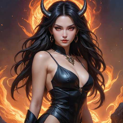 The image depicts a striking, computer-generated female character with long, flowing black hair and mesmerizing orange eyes. She is adorned with a pair of black horns protruding from her head, adding to her otherworldly appearance. Her attire is a sleek, black leather corset that accentuates her figure, paired with matching black leather gloves that extend up to her forearms. A golden necklace with a prominent pendant rests around her neck, catching the light. She is positioned with her body facing to the right, yet her head is turned towards the viewer, creating a captivating and intense gaze. The background is a dramatic scene of swirling flames, with dark orange and yellow hues that contrast sharply against the black sky, enhancing the fiery atmosphere. The overall composition is square, with the character's head centered at the top and her body extending down to the bottom of the image.
