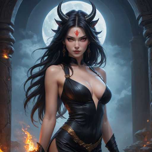 The image depicts a woman with long dark hair and red horns standing in front of an archway that is partially obscured by smoke. The background features a large full moon and flames coming from the top right corner.