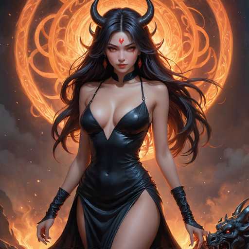 The image depicts a striking, AI-generated female character with long, flowing black hair and devilish horns protruding from the sides of her head. She has a red diamond shape on her forehead and piercing red eyes, complemented by red lipstick. Her attire consists of a black leather dress with a revealing V-neckline that extends down to her belly button, and a high slit on the right side that showcases her leg. She also wears black leather gloves that reach up to her elbows. The background features a dramatic, fiery scene with swirling orange and yellow flames, interspersed with dark gray clouds. In the bottom right corner, there is a menacing black dragon with glowing red eyes and horns, adding to the overall intense and fantastical atmosphere of the image.