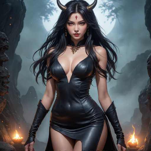 The image depicts a striking, AI-generated female character with long, flowing black hair and a seductive appearance. She is adorned with gold earrings and a gold necklace, and her attire consists of a tight, black leather dress that accentuates her figure, complete with long gloves extending to her elbows. Her eyes are a mesmerizing reddish-brown, and she has a red gem on her forehead, adding to her mystical aura. She also sports small horns protruding from her head, enhancing her devilish allure. The background features a large, luminous moon partially obscured by trees, casting a dramatic light over the scene. The setting is a dark, rocky cave with two small fires burning in bowls on either side of her, adding to the eerie and enchanting atmosphere.